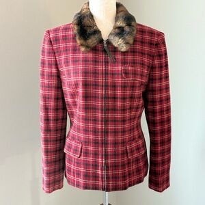 Ralph Lauren Red Plaid Blazer with Faux Fur Collar